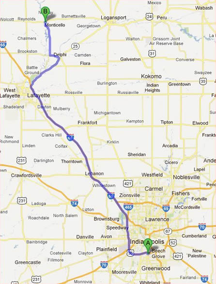 Map from Indianapolis to Monticello