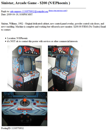 Sinistar Arizona Craigslist aD