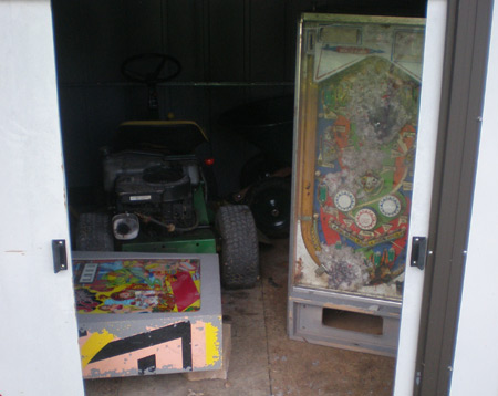 Flying Carpet Pinball Machine Stored in shed